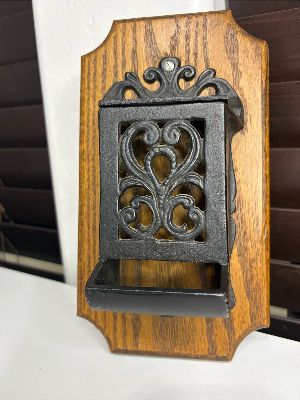 Vintage-Style Black Cast Iron Wall Mount matches Holder on Wood - Unbranded